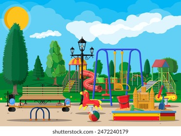 Kids playground kindergarten panorama. Urban child amusement. Slide ladder, rocking toy on spring, slide tube, swing carousel balancer, sandbox bucket rake castle scoop. Vector illustration flat style