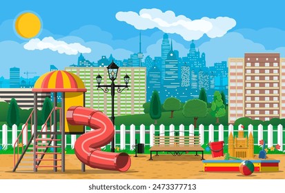 Kids playground kindergarten panorama. Urban child amusement. Slide ladder, sandbox with toys. Bench and lamp. City park with attractions. Cityscape, clouds and sun. Vector illustration flat style