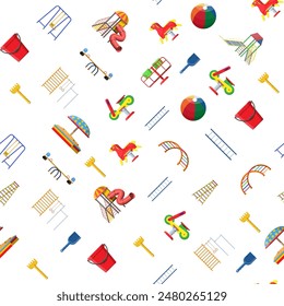 Kids playground kindergarten seamless pattern. Urban child amusement. Slide ladder, rocking toy, slide tube, swing, carousel, balancer, sandbox, bucket rake ball scoop. Vector illustration flat style