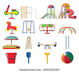 Kids playground kindergarten set. Urban child amusement. Slide ladder, rocking toy on spring, slide tube, swing, carousel, balancer, sandbox, bucket rake ball scoop. Vector illustration flat style