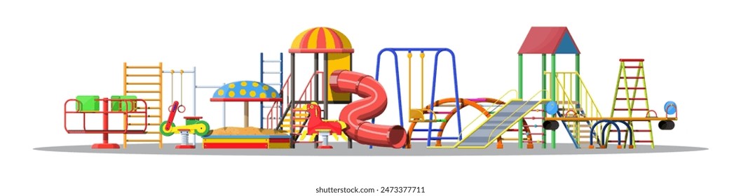 Kids playground kindergarten set. Urban child amusement. Slide ladder, rocking toy on spring, slide tube, swing, carousel, balancer, sandbox, bucket rake ball scoop. Vector illustration flat style