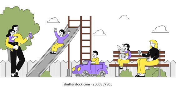 Kids at playground. Mother and father play with kids at backyard. Swing machine, slide and wooden bench. Leisure and recreation outdoors. Linear vector illustration isolated on white background