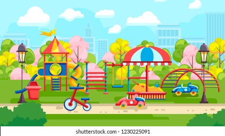 Kids playground with on urban background. Cartoon park with kids playing constructions. City park on sunny summer day.