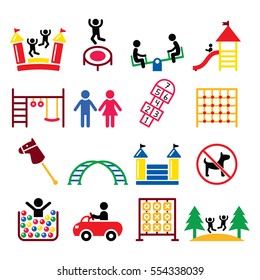 Kids playground, outdoor or indoor place for children to play icons set