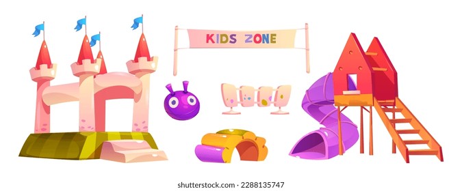 Kids playground park with ball and children slide vector cartoon set. Summer kindergarten inflatable castle for playtime schoolyard area isolated clipart on white background. Preschool activity