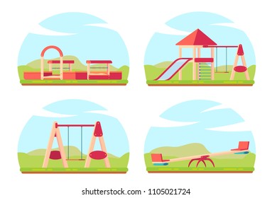 Kids playground or park. Children play complex with swing, slide and sandbox. Vector illustartion.