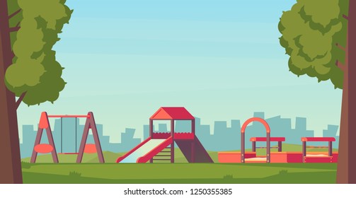 Kids playground or park. Children play complex with slide, swing, and sandbox. Vector illustration.