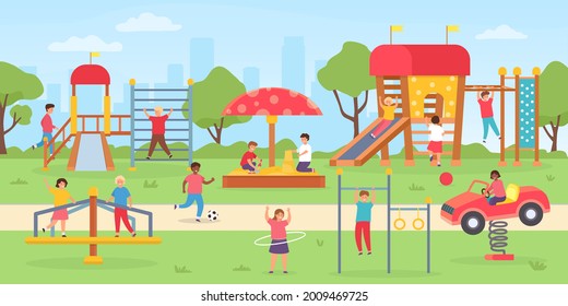 Kids playground at park. Group of children playing outdoor, on swings, slide and game house. Flat city park with boys and girls vector scene. Kindergarten playground park to play illustration