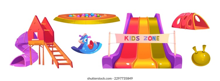 Parque infantil en parque, kindergarten o escuela. Área de juego con juguetes, diapositivas, casa con tobogán de tubo espiral, piscina de bolas aislada en fondo blanco, ilustración de caricatura vectorial