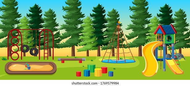 Kids playground in the park with many pines at daytime cartoon style illustration