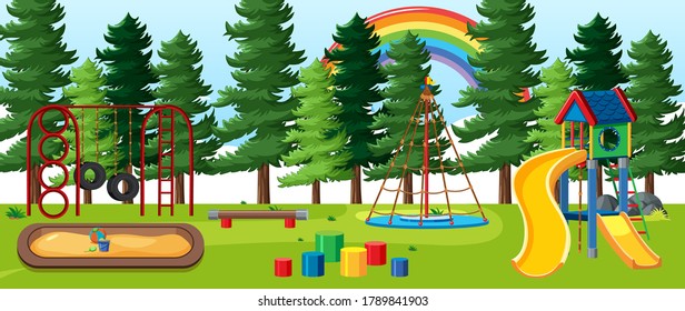 Kids playground in the park with rainbow in the sky at daytime cartoon style illustration