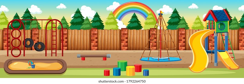 Kids playground in the park with rainbow in the sky at daytime cartoon style panorama scene illustration