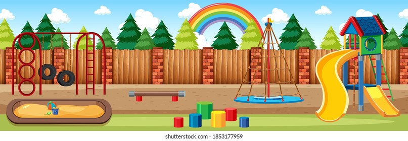 Kids playground in the park with rainbow in the sky at daytime cartoon style panorama scene illustration