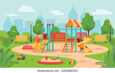 Kids playground in park. School area. Outdoor play ground equipment for kindergarten or house. Empty city landscape. Children town with ladders and slides. Vector cartoon background