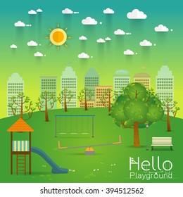  kids playground, playground park, school playground, kindergarten playground with swings. Natural landscape in the flat . a beautiful public park Vector illustration