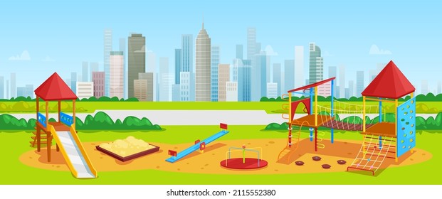 Kids playground with playing equipment on background of high-rise buildings and skyscrapers. Nature and architecture in cityscape. Urban park with place for children in modern city, downtown