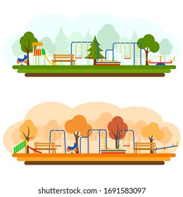 Kids Playground With Playing Equipment In Summer And Autumn, Vector Illustration. Flat Style