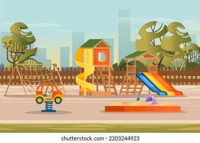 Kids playground in public park with trees and city on background landscape vector illustration