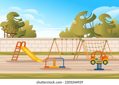 Kids playground in public park with trees and city on background landscape vector illustration