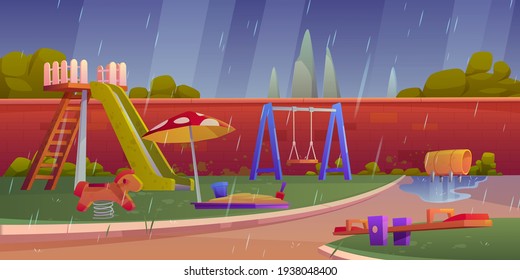 Kids playground at rainy weather, children area