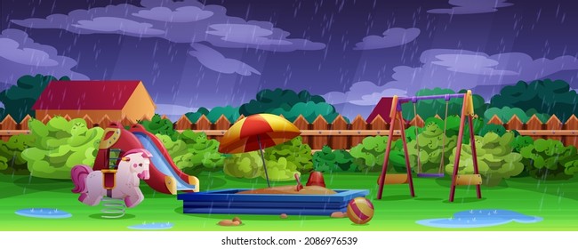 Kids playground at rainy weather with puddles. Summer garden with swing, slide and sandbox. Play area in backyard with lawn, sandpit and seesaw. Vector cartoon illustration activities for children.