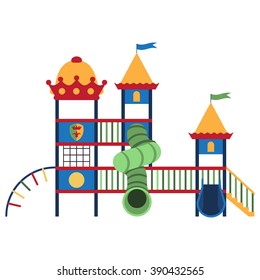 Kids playground and related items. Play equipment on white background. Vector illustration. Grouped for easy editing.