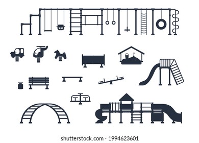 Kids playground. Set of black icons of playing equipment elements. City park concept. Vector illustration