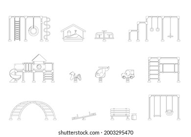 Kids playground. Set of black icons of playing equipment elements. City park concept. Vector illustration
