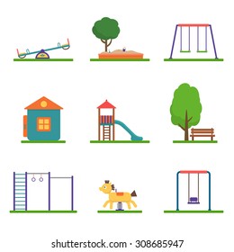 Kids playground set. Icons with kids swings and objects. Flat style vector illustration.