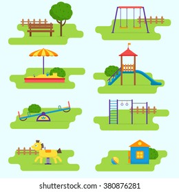 Kids playground set. Icons with kids swings and objects. Flat style vector illustration.