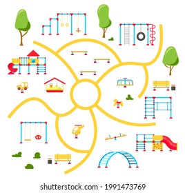 Kids playground. Set of playing equipment elements. City park concept. Vector illustration