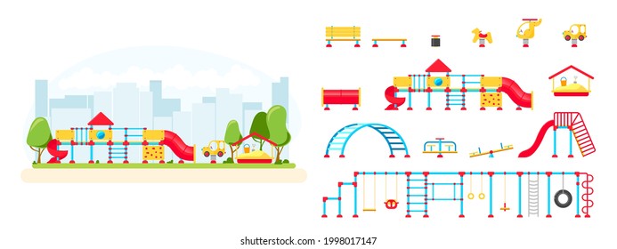 Kids playground. Set of playing equipment elements. City park concept. Vector illustration