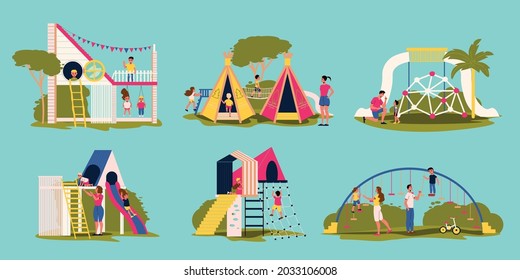 Kids playground set with swings slides climbing frames houses and happy children isolated on color background vector illustration