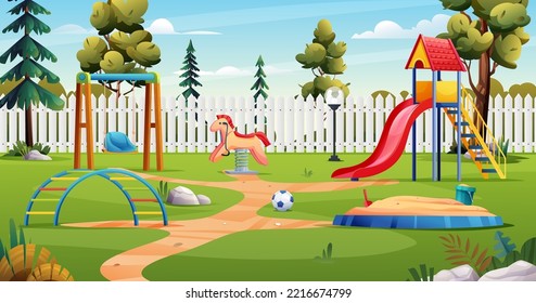 Kids playground with slide, swing, sandbox and toys cartoon landscape