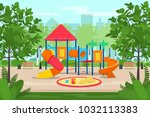 Kids playground with slides and tube in the park. Cartoon vector illustration. 