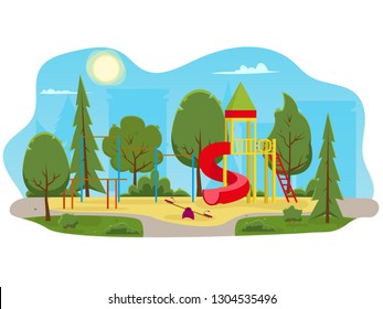 Kids playground with slides and tube in the park. Kindergarten or kids playground in city park. Cartoon vector illustration.