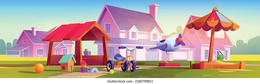 Kids playground at suburb with cottages, children area with sandbox, toys, bicycle and wooden house for playing and recreation fun. Park, garden or yard, kindergarten field Cartoon vector illustration