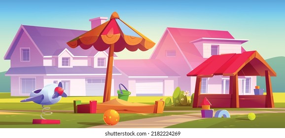 Kids playground at suburb with cottages, children area with sandbox, toys and wooden airplane for playing and recreation fun. Park, garden or yard, kindergarten field. Cartoon vector illustration