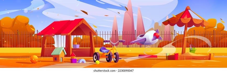 Kids playground at suburb house yard at autumn season. Children area with sandbox, toys, bicycle and wooden house, airplane. Kindergarten field for playing and recreation, Cartoon vector illustration