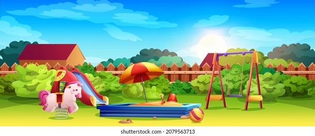 Kids playground in summer garden with swing, slide, sandbox. Play area in backyard with green lawn, sandpit, seesaw, slide and pink rocking horse. Vector cartoon illustration activities for children.