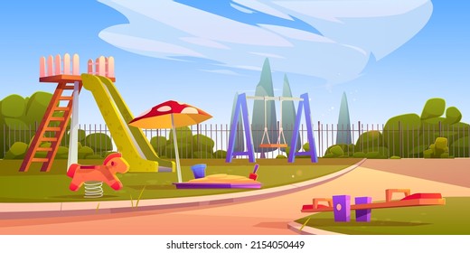 Kids playground at sunny weather, empty children area with slides, sandbox and swings for playing and recreation fun. Park, garden or house backyard, kindergarten field, Cartoon vector illustration