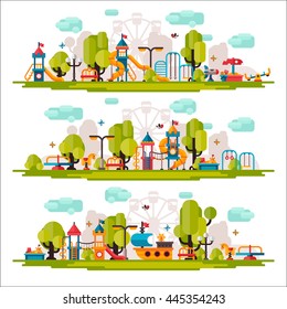Kids Playground. Swings, Sandpit, Sandbox, Bench, Tree, Slide. Children Playground Flat Stock Illustration With Isolated Elements On White Background.