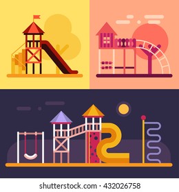 Kids playground with swings, slide, tower. Three colored flat vector illustrations.