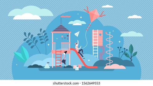 Kids playground vector illustration. Children outdoor activity in tiny persons concept. Theme park and attraction for preschool and kindergarten. Childhood toy playing scene with happy entertainment.