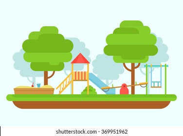 Kids playground vector illustration. School playground park in a flat style. Children's playground with swings, a slide, a sandpit. 