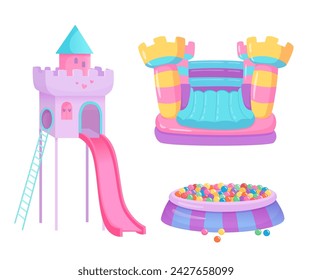 Kids playground vector illustration set. Children game center in mall. Indoor or outdoor kids play zone. Trampoline bouncy castle, plastic slide, ball pool. Active leisure fun happy childhood concept.