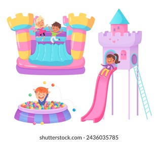 Kids playground vector illustration set. Children game center in mall. Indoor or outdoor kids play zone. Trampoline bouncy castle, plastic slide, ball pool. Active leisure fun happy childhood concept.