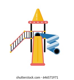 Kids playground vector plastic slide in flat design. Children play area slippery dip isolated on white background. Kindergarten amusement toy. Youth sport and recreation ground icon.