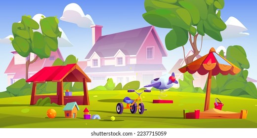 Zona de juegos infantil en el pueblo o barrio de los suburbios. Parque de verano, jardín o paisaje de patio trasero con arenales, juguetes, bicicleta sobre césped verde y casas suburbanas sobre fondo, ilustración de vectores de dibujos animados