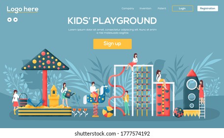 Kids playground website  flyer, web banner, ui header, enter site. People character with items around playground concept background. Grain texture and noise effect.